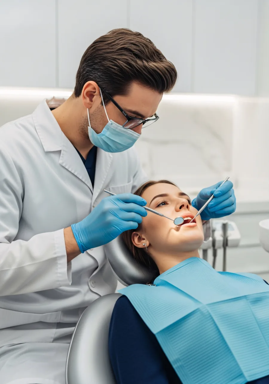 Dentist and hygienist examining a patient
